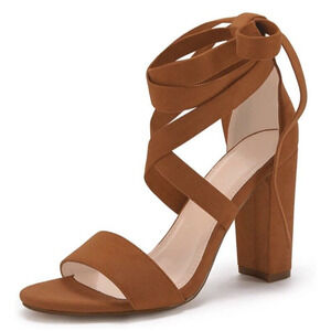 Womens High Heel Lace Up Strappy Suede Sandals Size 7 Brown Camel Block Heel